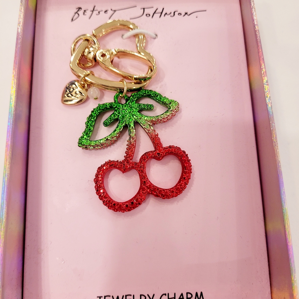 Betsey Johnson Red & Green Crystal Cherry Keychain Charm - Picture 3 of 4